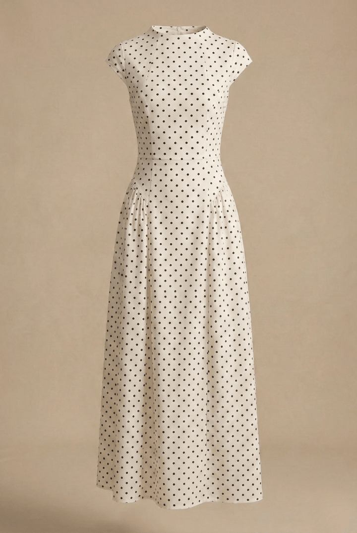 Punktekleid Damen Maxi | Maxikleid Damen Capärmel Stehkragen | Hochzeitsgast Kleid Damen Plissiert