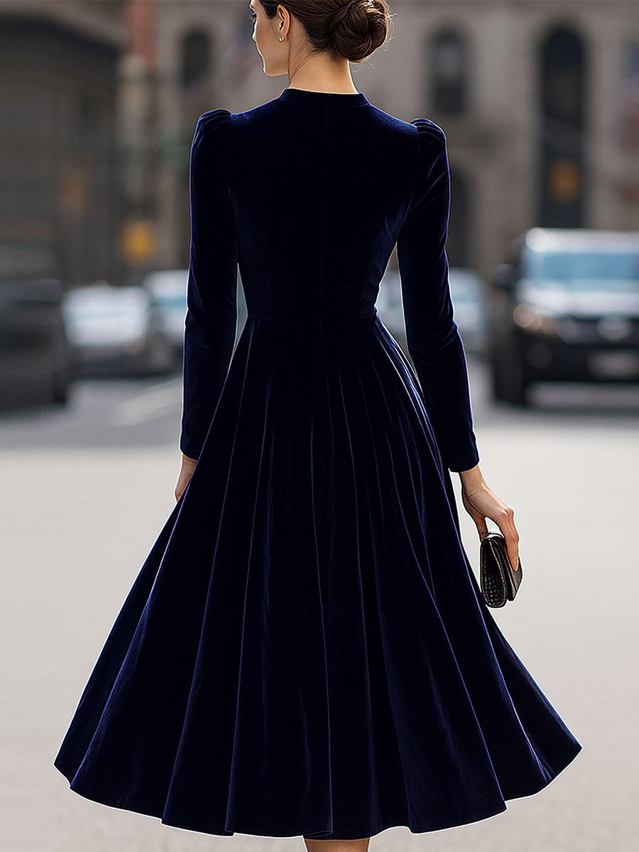 Samtkleid Damen Midi Langarm | Abendkleid Elegant Taillierte | Festliches Kleid Rundhals