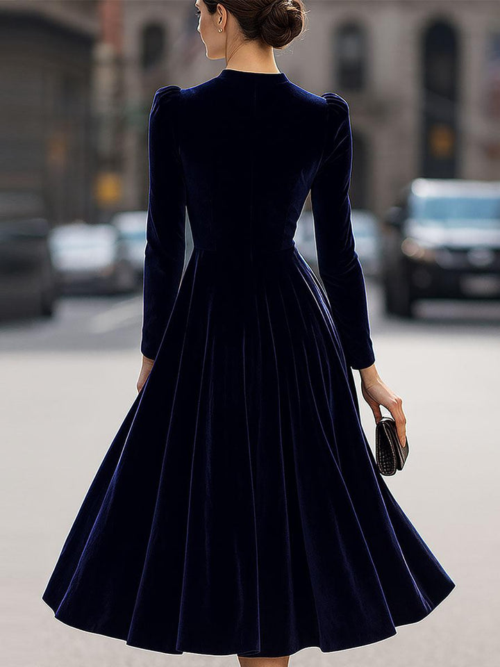 Samtkleid Damen Midi Langarm | Abendkleid Elegant Taillierte | Festliches Kleid Rundhals