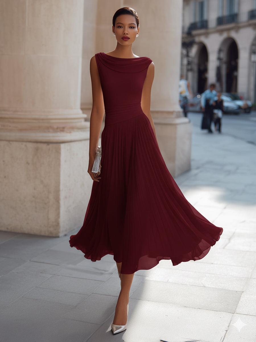 Abendkleid Midi Elegant | Hochzeitskleid mit Drapierausschnitt | Festkleid Ärmellos