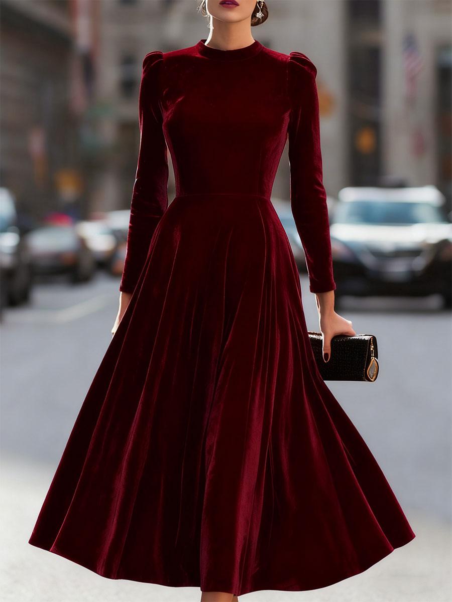 Samtkleid Damen Midi Langarm | Abendkleid Elegant Taillierte | Festliches Kleid Rundhals