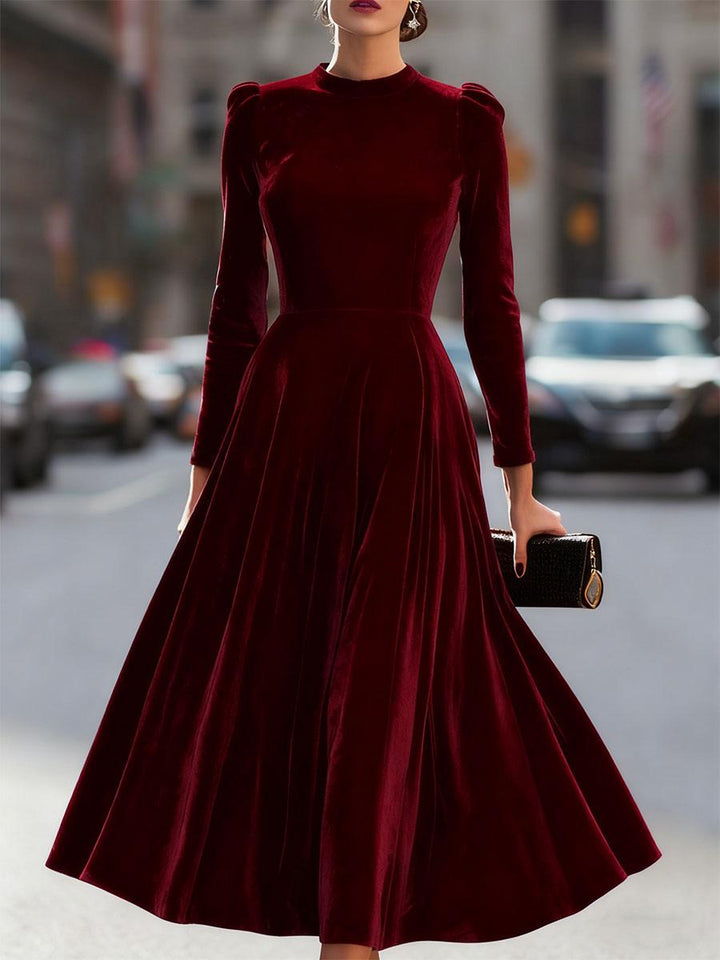 Samtkleid Damen Midi Langarm | Abendkleid Elegant Taillierte | Festliches Kleid Rundhals
