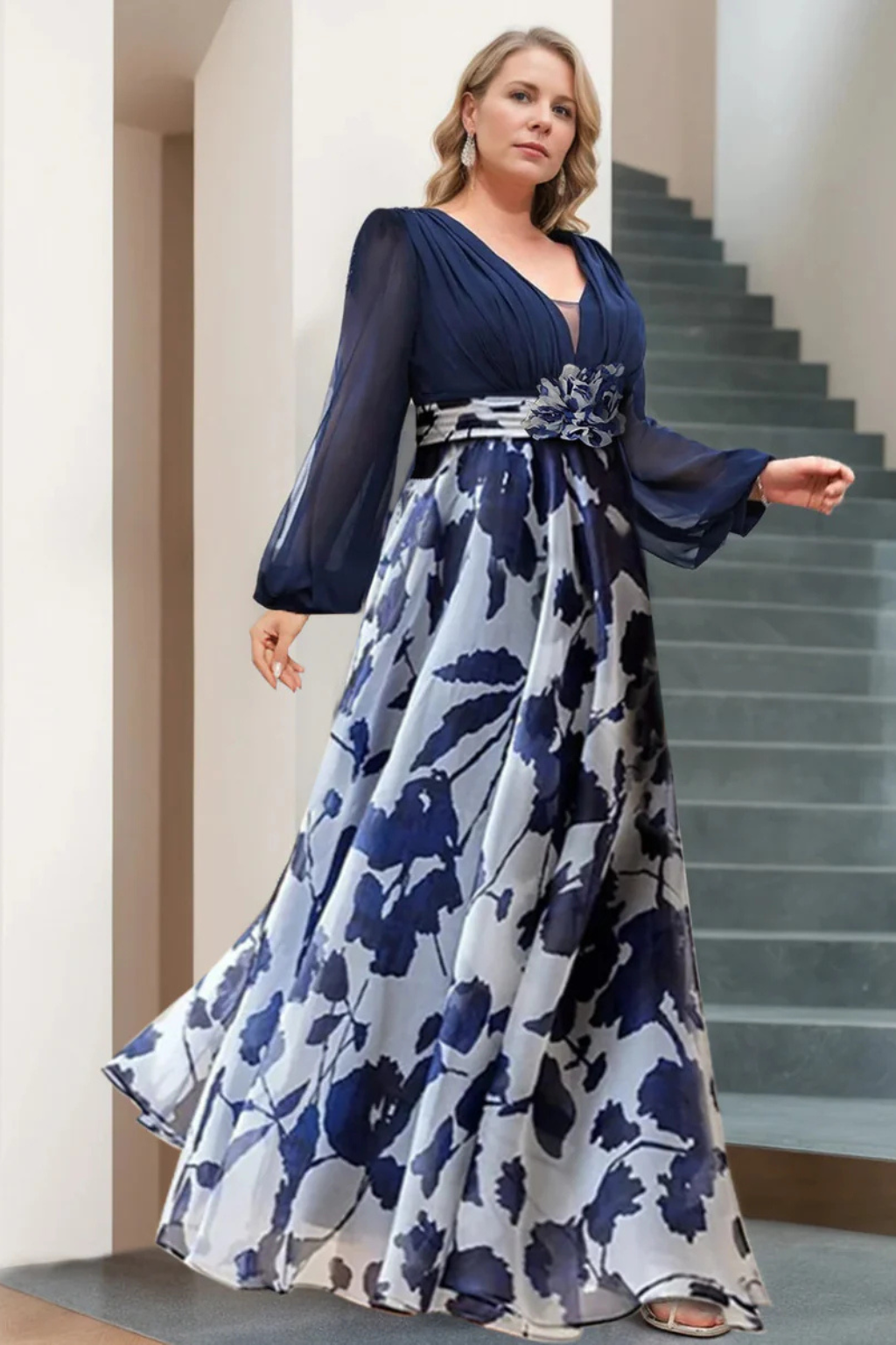 Abendkleider Damen Lang | Kleider Damen Blumenprint Ballonärmel | Maxikleid Hochzeitsgast V-Ausschnitt