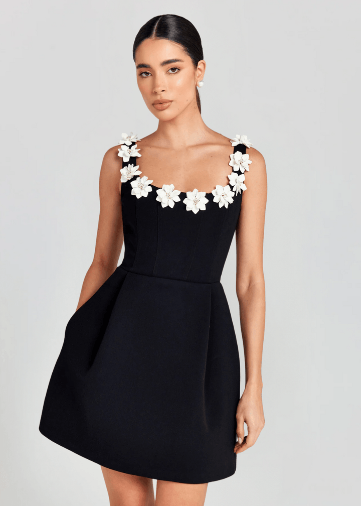 Minikleid Damen Blumen Applikation | Festliches Kleid Damen Träger Ausgestellt | Partykleid Damen Strukturiert