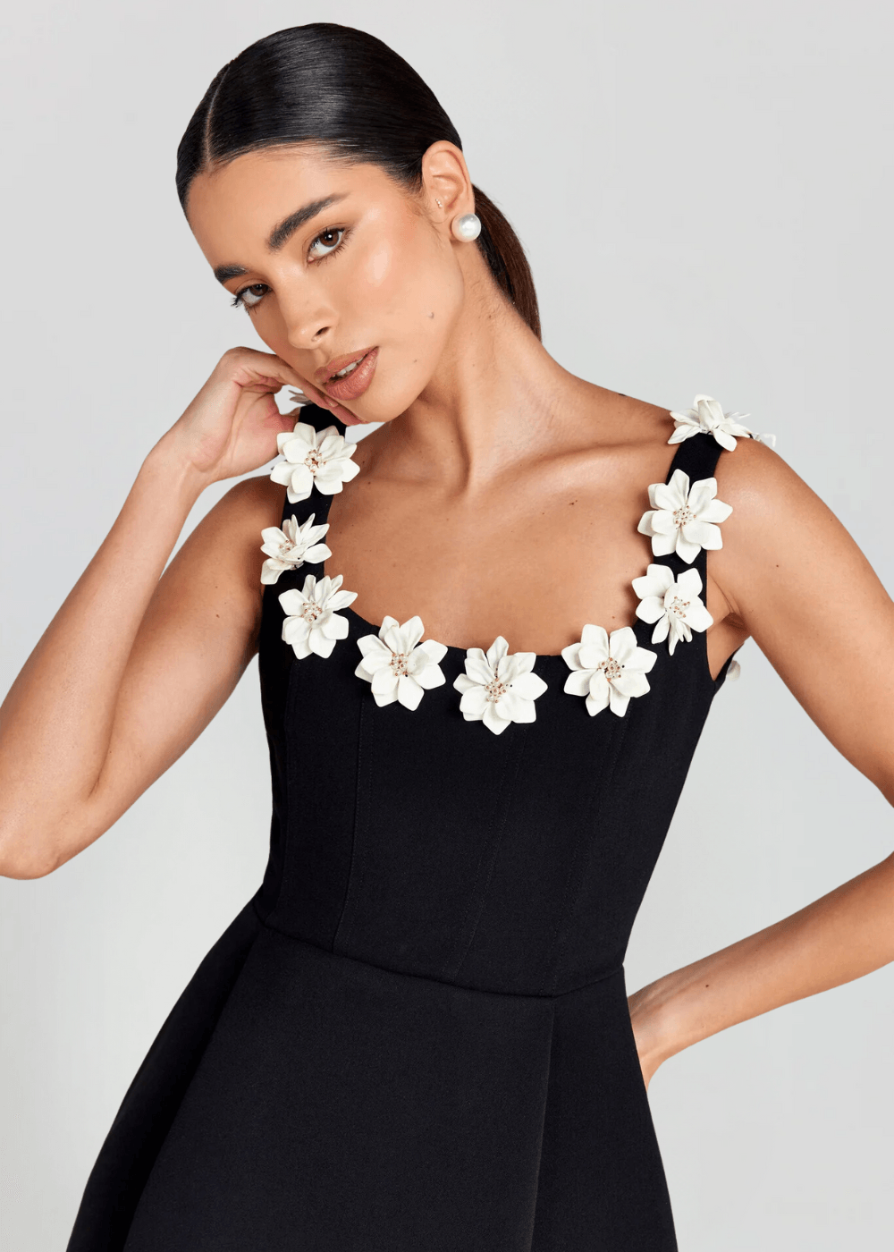 Minikleid Damen Blumen Applikation | Festliches Kleid Damen Träger Ausgestellt | Partykleid Damen Strukturiert