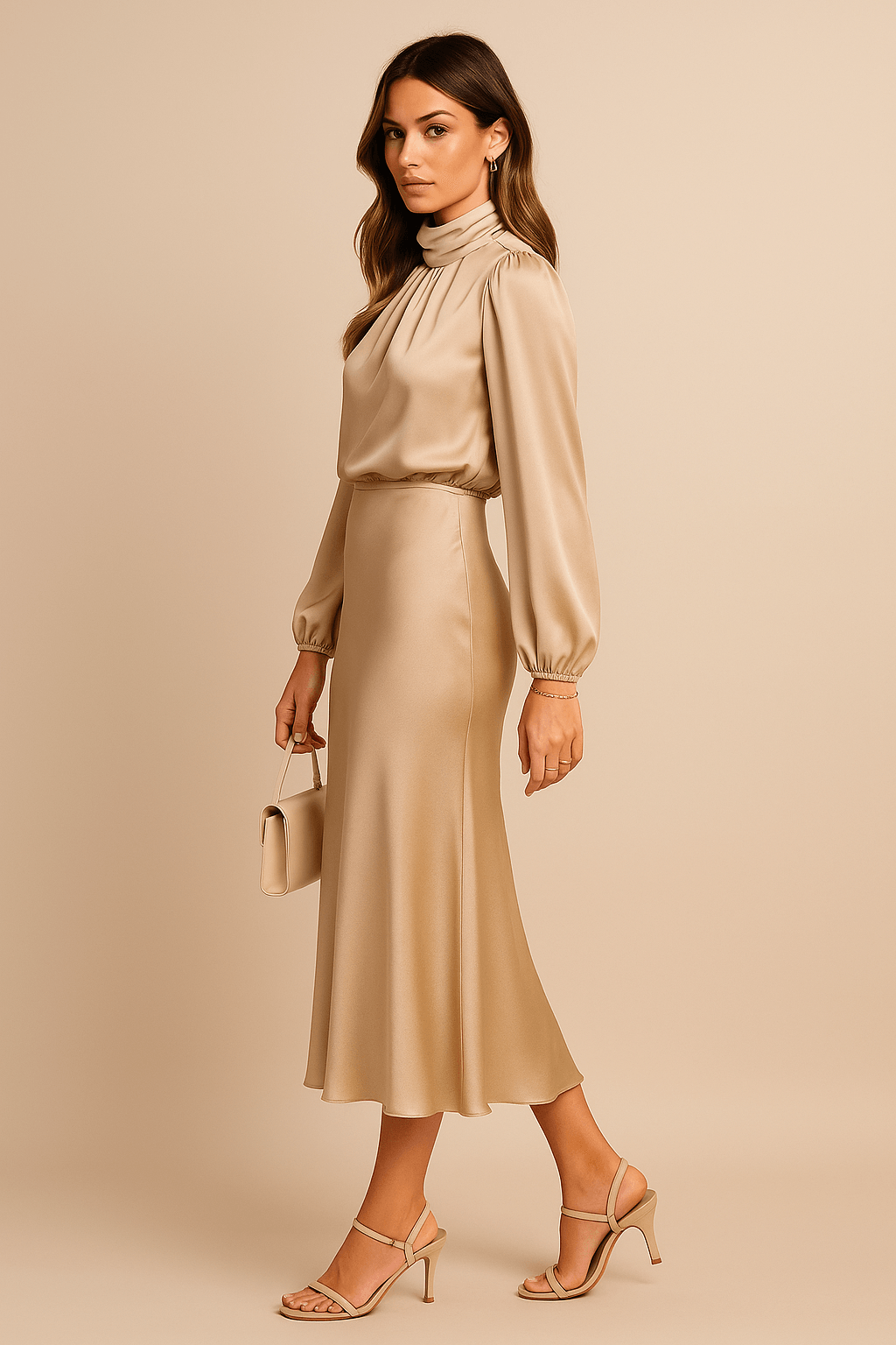 Satinkleid Damen Langarm Midi | Satin Kleid Hochgeschlossen Elegant | Cocktailkleid Damen Satin Ballonärmel