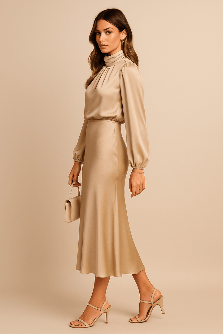 Satinkleid Damen Langarm Midi | Satin Kleid Hochgeschlossen Elegant | Cocktailkleid Damen Satin Ballonärmel