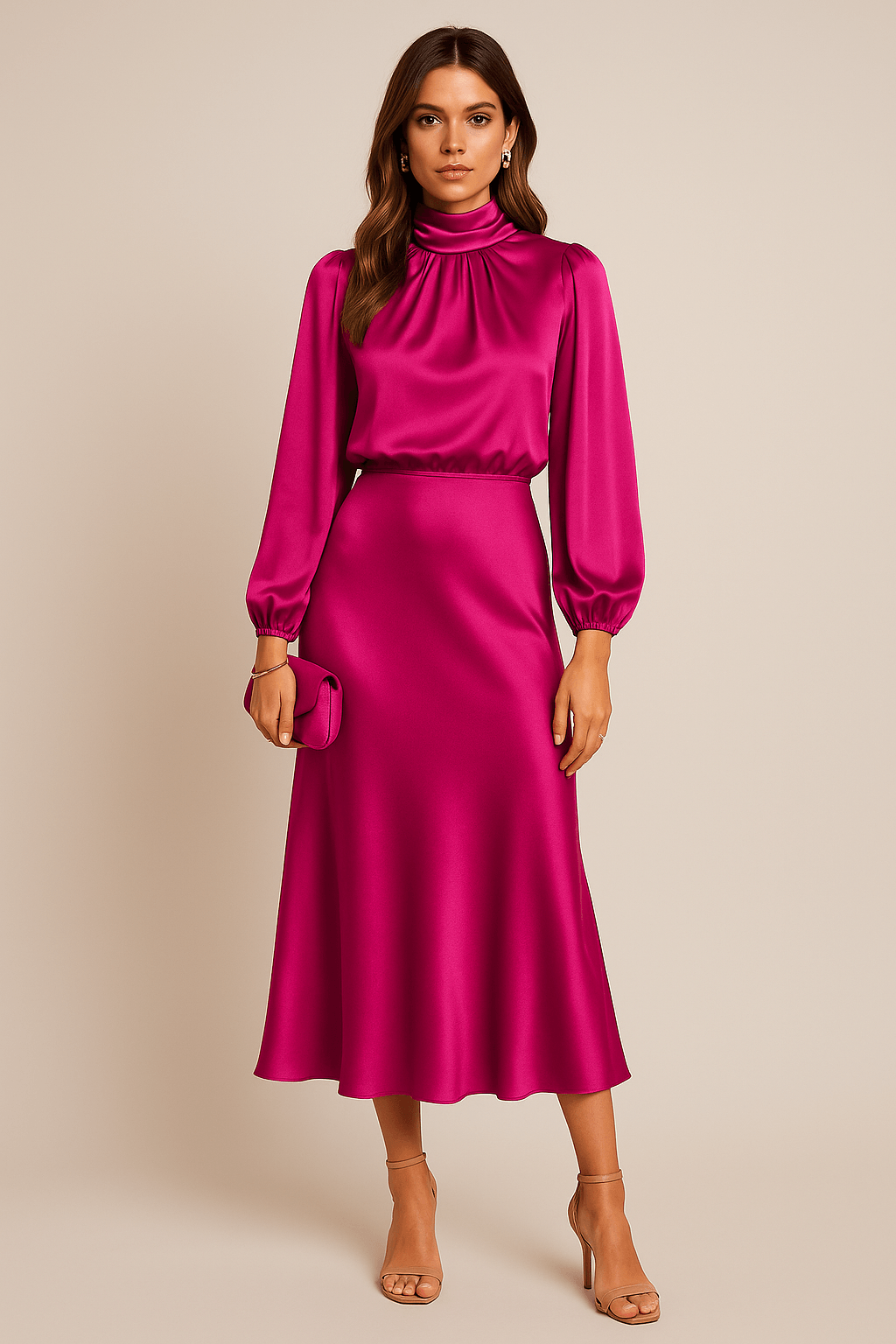 Satinkleid Damen Langarm Midi | Satin Kleid Hochgeschlossen Elegant | Cocktailkleid Damen Satin Ballonärmel