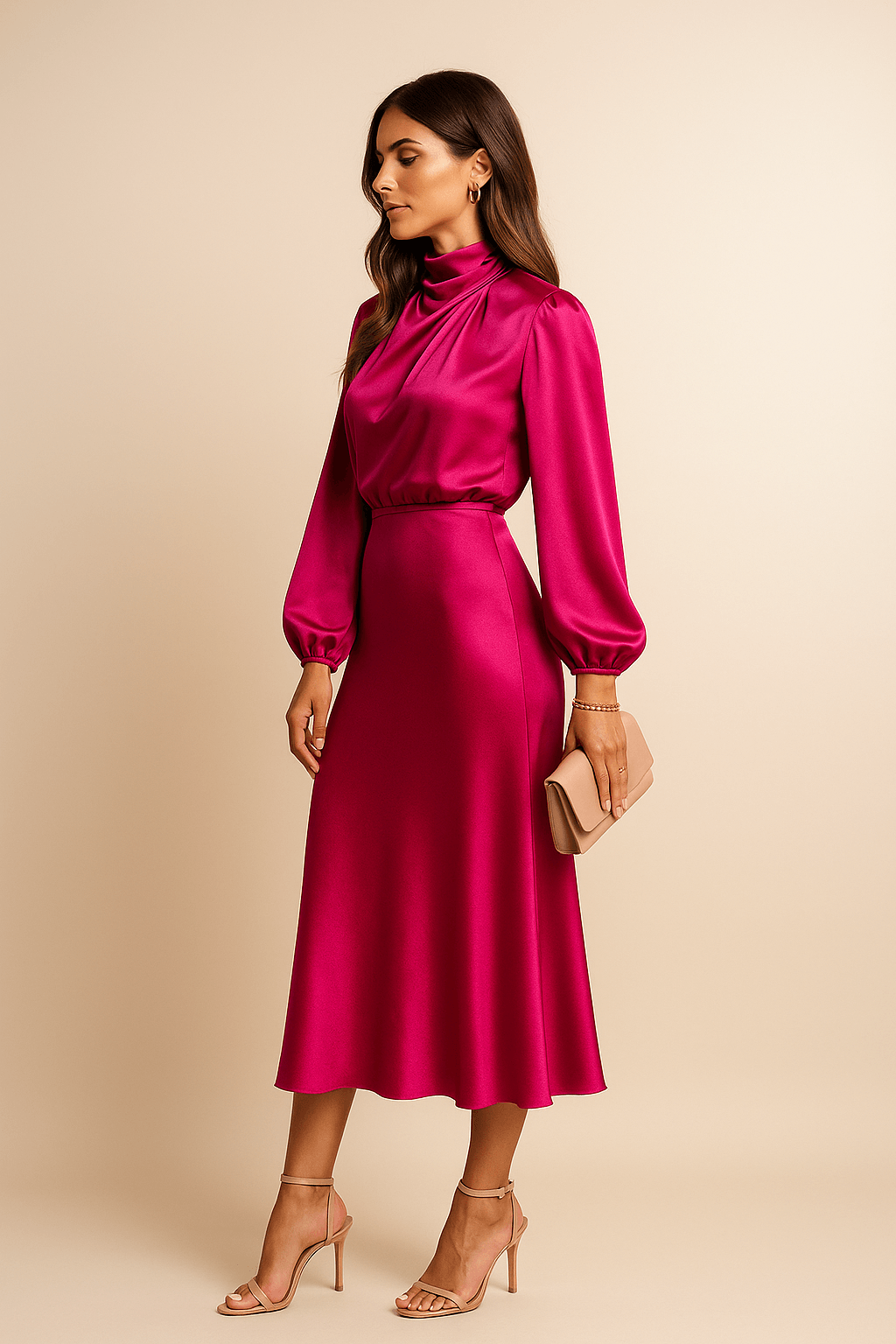 Satinkleid Damen Langarm Midi | Satin Kleid Hochgeschlossen Elegant | Cocktailkleid Damen Satin Ballonärmel