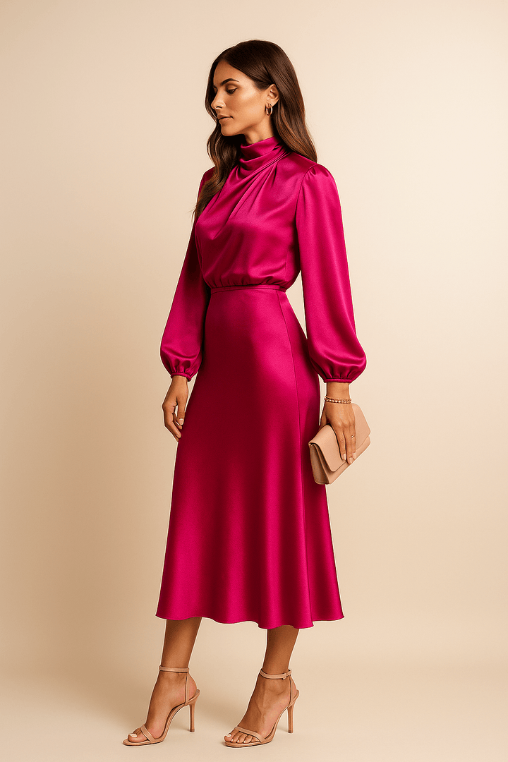 Satinkleid Damen Langarm Midi | Satin Kleid Hochgeschlossen Elegant | Cocktailkleid Damen Satin Ballonärmel