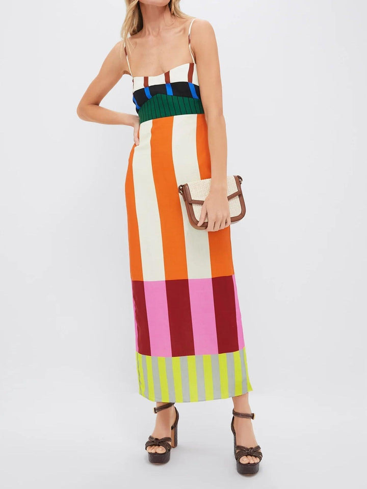 Midikleid Damen Colour Block | Streifen Empire Taille | Sommerkleid Bunt Verstellbar