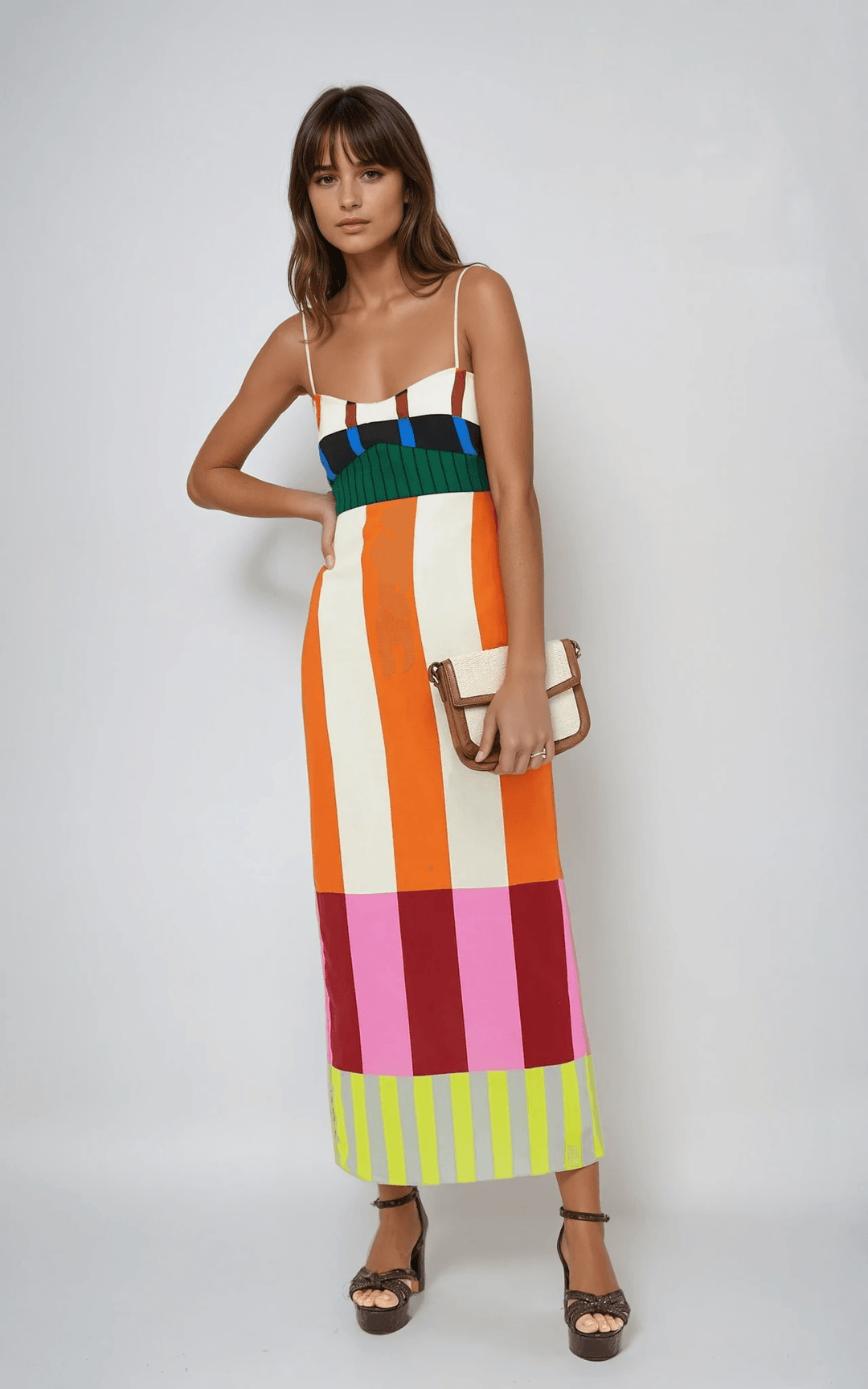 Midikleid Damen Colour Block | Streifen Empire Taille | Sommerkleid Bunt Verstellbar
