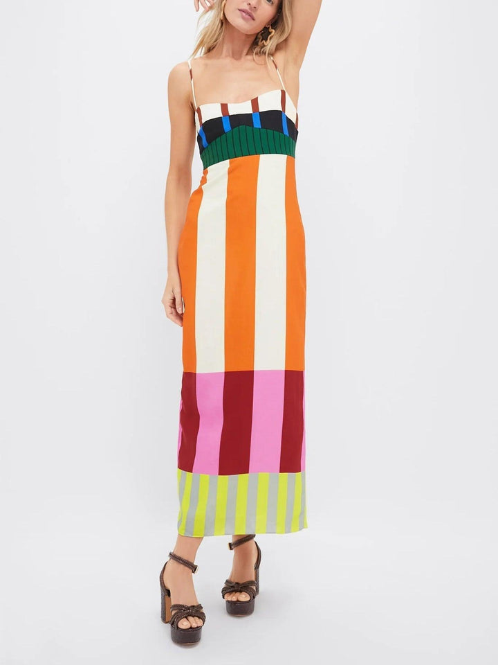 Midikleid Damen Colour Block | Streifen Empire Taille | Sommerkleid Bunt Verstellbar