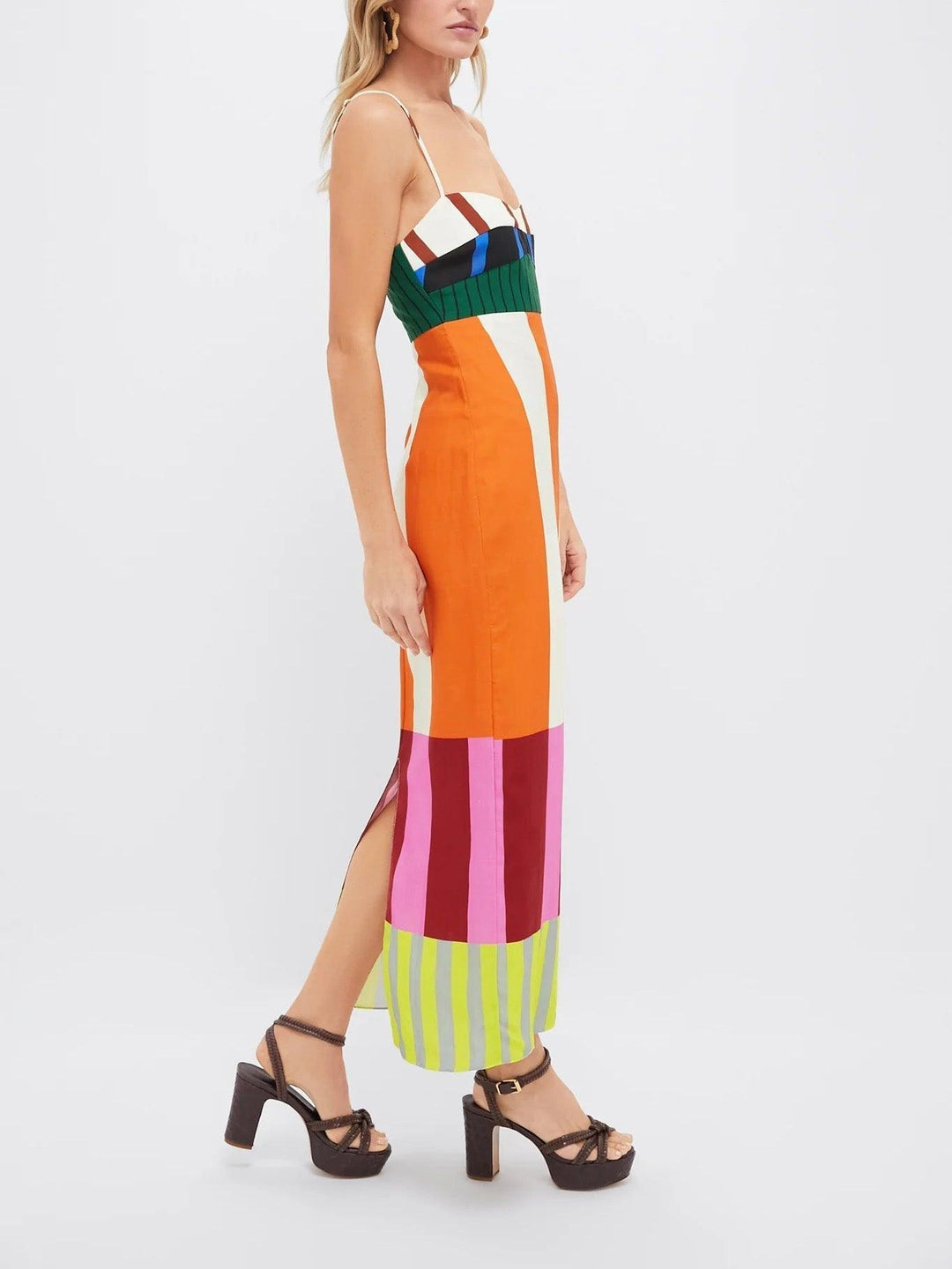 Midikleid Damen Colour Block | Streifen Empire Taille | Sommerkleid Bunt Verstellbar