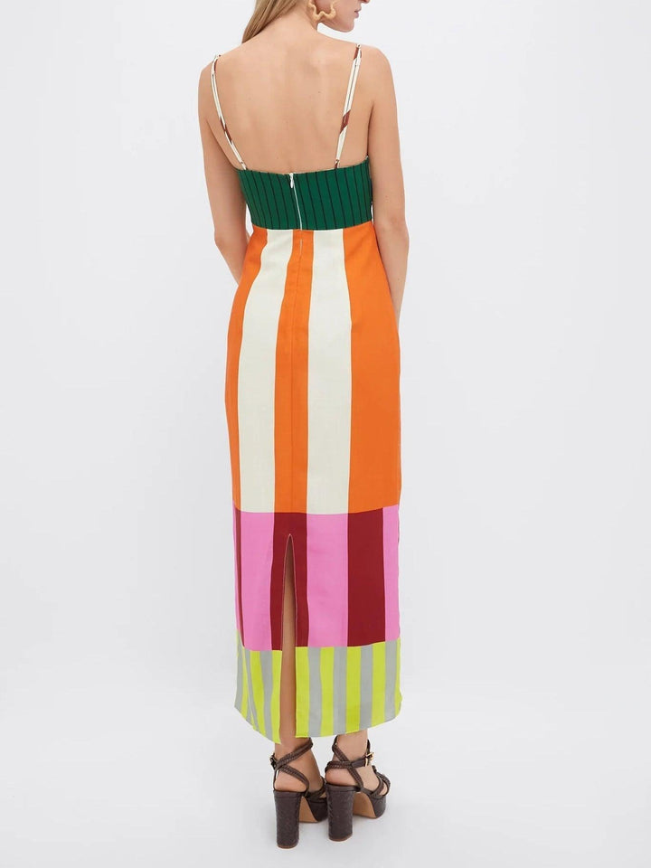 Midikleid Damen Colour Block | Streifen Empire Taille | Sommerkleid Bunt Verstellbar
