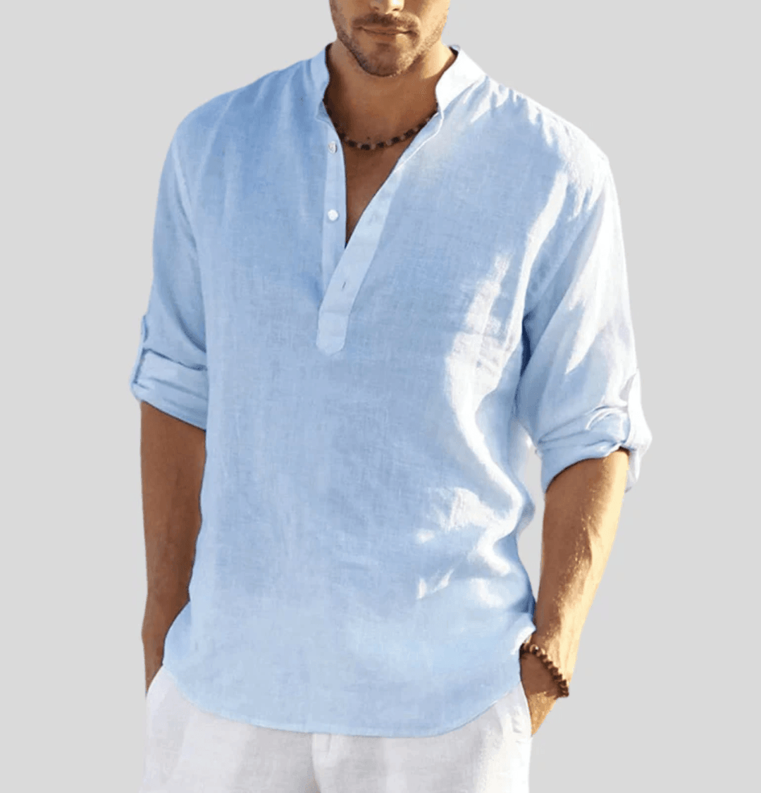 Hemd Herren Stehkragen Halbknopf | Männer Sommerhemd Langarm | Casual Knopfhemd Vielfarbig