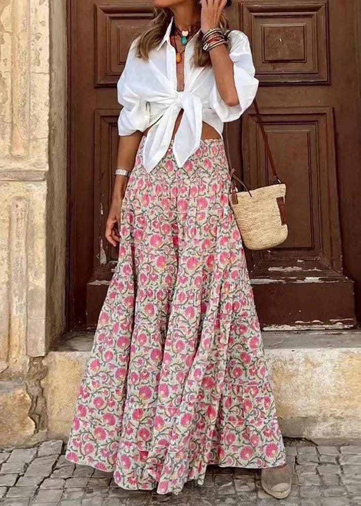 Maxirock Damen Blumendruck | Boho Rock Damen Hohe Taille | A-Linie Rock Damen Fliessend