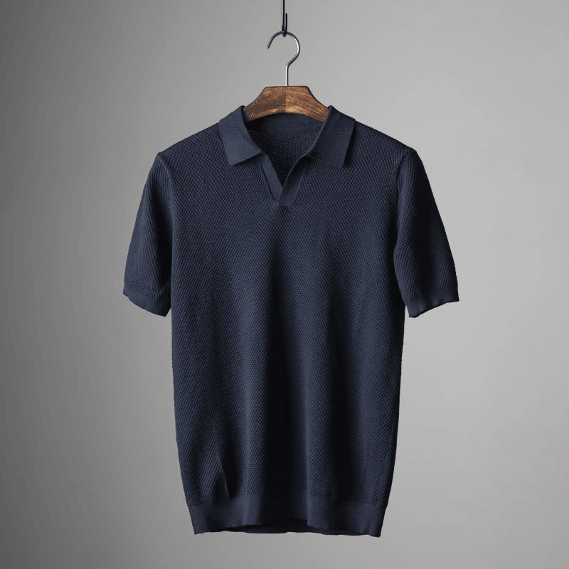 Poloshirt Herren Strick V-Ausschnitt | Johnny Kragen Waffelmuster | Sommerpolo Smart Casual