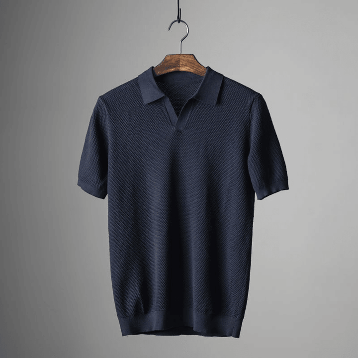 Poloshirt Herren Strick V-Ausschnitt | Johnny Kragen Waffelmuster | Sommerpolo Smart Casual