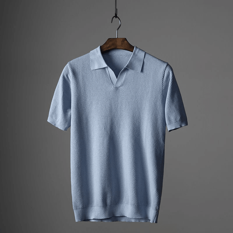 Poloshirt Herren Strick V-Ausschnitt | Johnny Kragen Waffelmuster | Sommerpolo Smart Casual