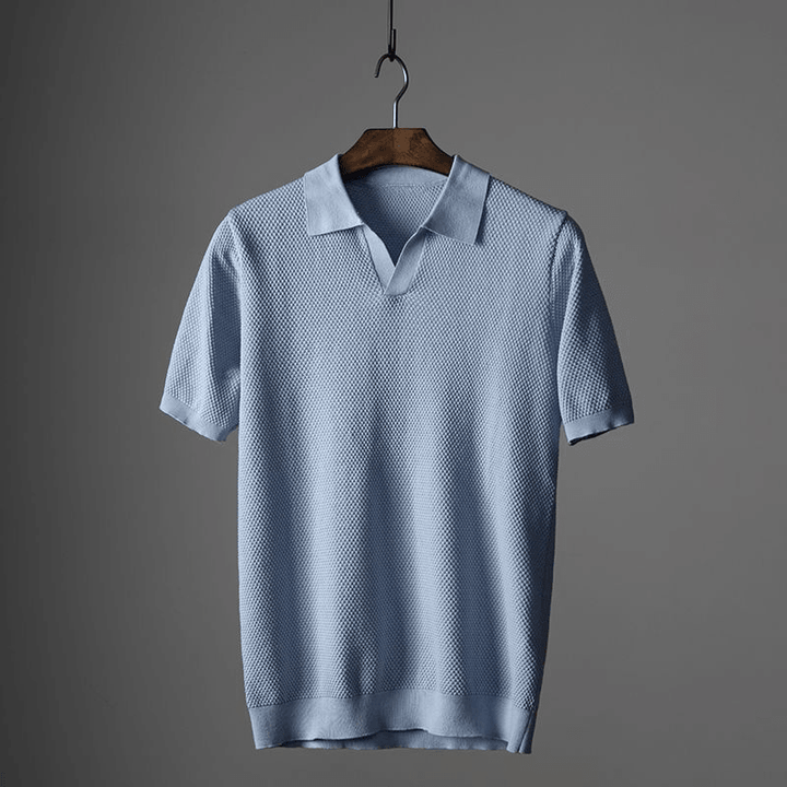Poloshirt Herren Strick V-Ausschnitt | Johnny Kragen Waffelmuster | Sommerpolo Smart Casual