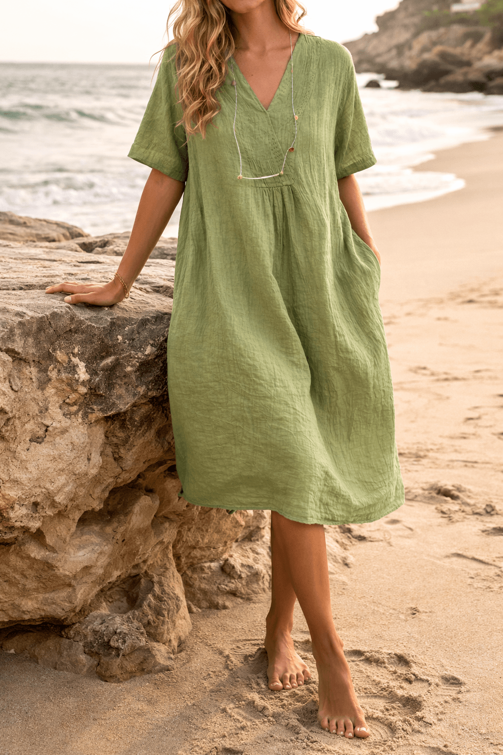 Leinenkleid Damen Midi Sommer | Midi Kleid Damen V-Ausschnitt Taschen | Freizeitkleid Damen Leinen Locker