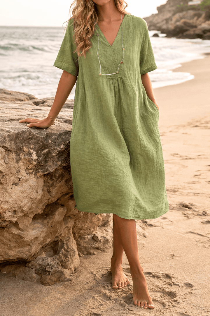 Leinenkleid Damen Midi Sommer | Midi Kleid Damen V-Ausschnitt Taschen | Freizeitkleid Damen Leinen Locker