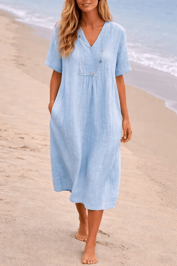 Leinenkleid Damen Midi Sommer | Midi Kleid Damen V-Ausschnitt Taschen | Freizeitkleid Damen Leinen Locker