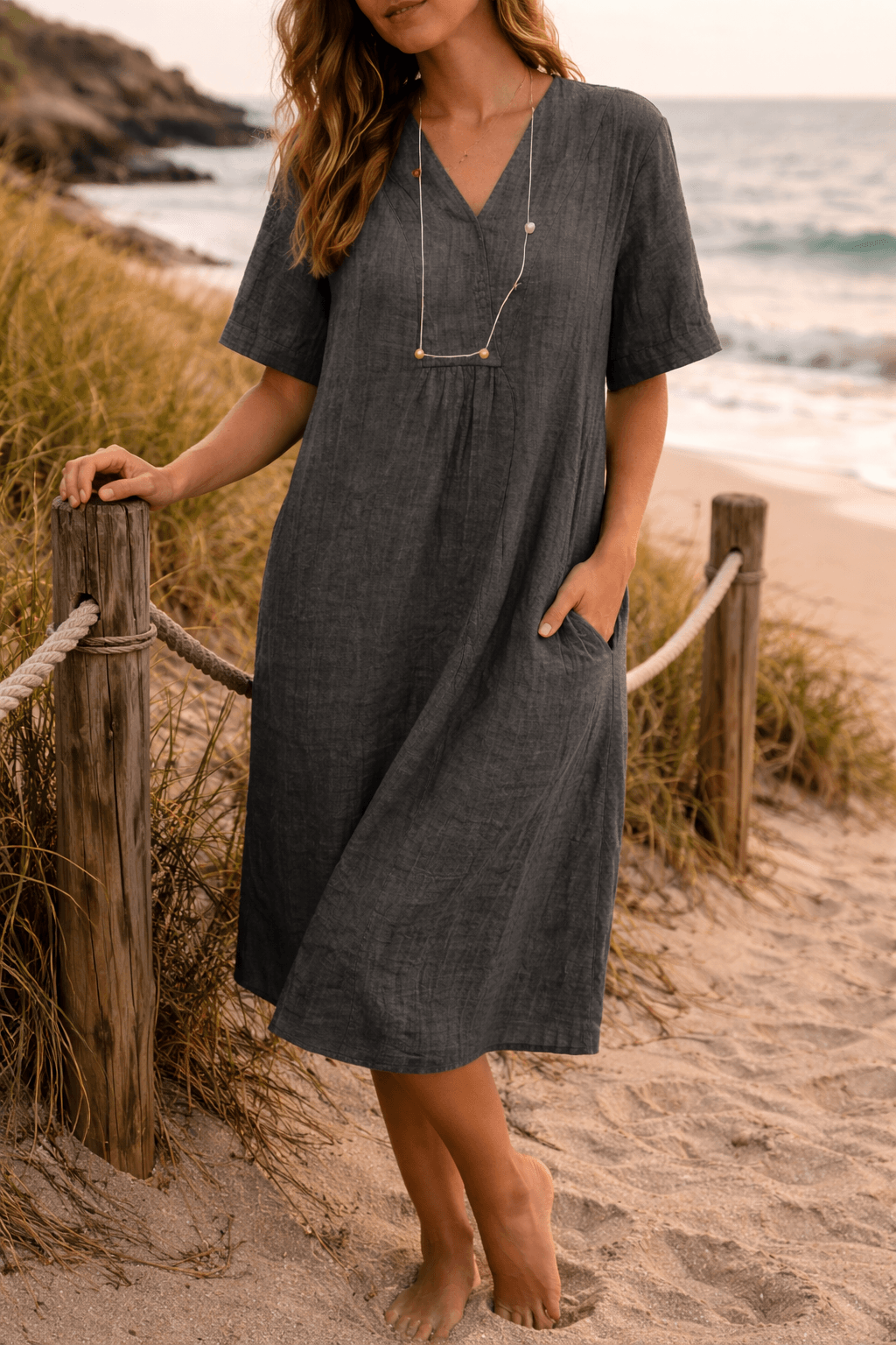 Leinenkleid Damen Midi Sommer | Midi Kleid Damen V-Ausschnitt Taschen | Freizeitkleid Damen Leinen Locker