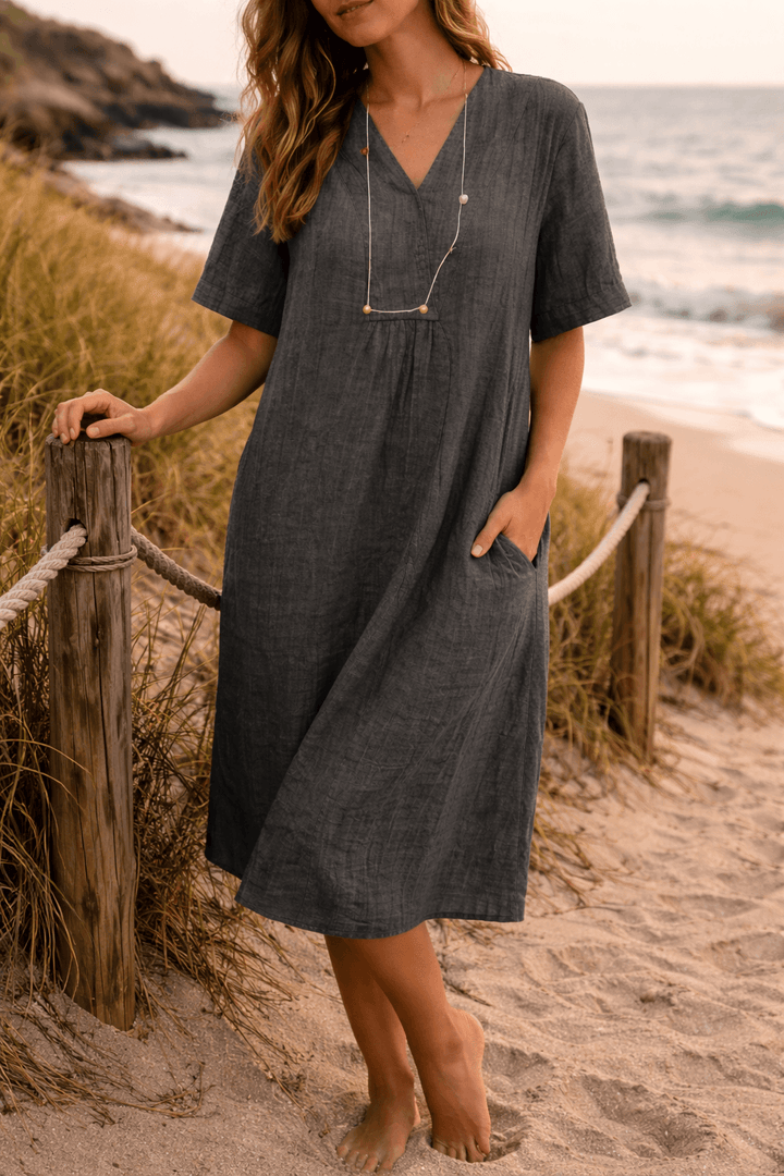 Leinenkleid Damen Midi Sommer | Midi Kleid Damen V-Ausschnitt Taschen | Freizeitkleid Damen Leinen Locker