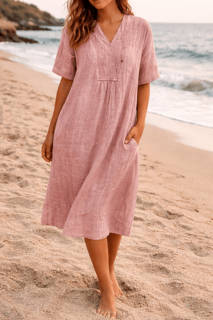 Leinenkleid Damen Midi Sommer | Midi Kleid Damen V-Ausschnitt Taschen | Freizeitkleid Damen Leinen Locker