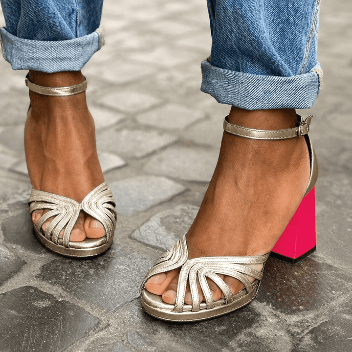 Sandalen Damen Blockabsatz Gold | Riemchensandalen Knöchelriemen | Elegante Abendschuhe Offen