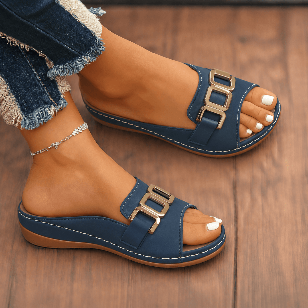 Sandalen mit Schnalle Damen | Komfort Sommerschuhe mit Fussbett | Schlappen Damen Elegant