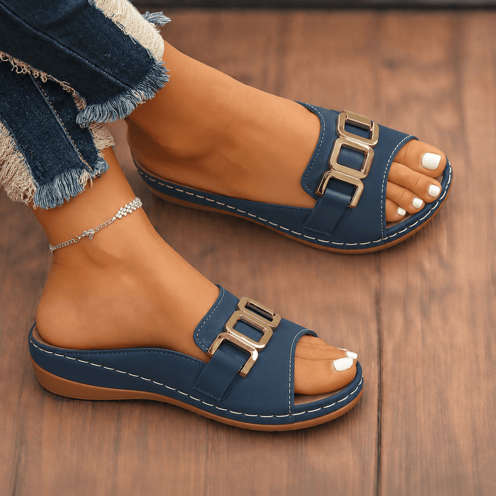 Sandalen mit Schnalle Damen | Komfort Sommerschuhe mit Fussbett | Schlappen Damen Elegant