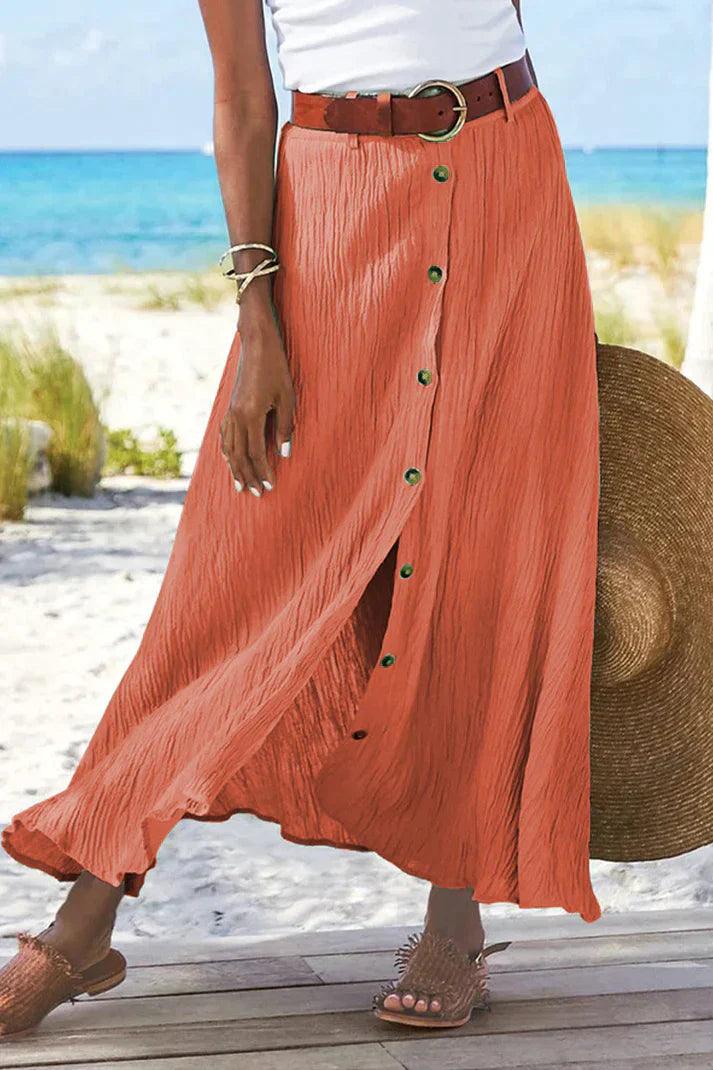Maxirock Damen Leinen-Look | Sommerrock Damen Knopfleiste | Strandrock Damen Hochbund