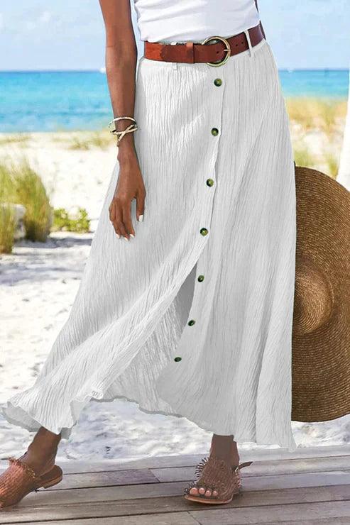 Maxirock Damen Leinen-Look | Sommerrock Damen Knopfleiste | Strandrock Damen Hochbund