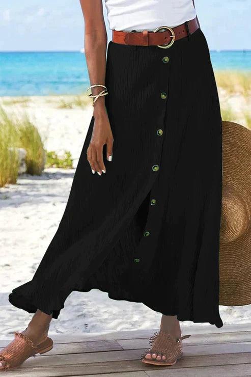 Maxirock Damen Leinen-Look | Sommerrock Damen Knopfleiste | Strandrock Damen Hochbund