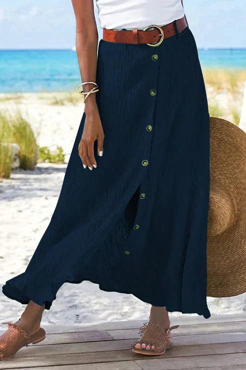 Maxirock Damen Leinen-Look | Sommerrock Damen Knopfleiste | Strandrock Damen Hochbund