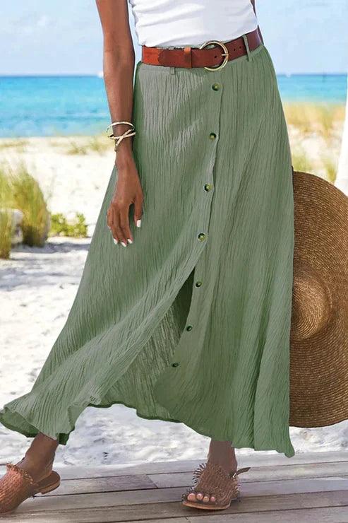 Maxirock Damen Leinen-Look | Sommerrock Damen Knopfleiste | Strandrock Damen Hochbund