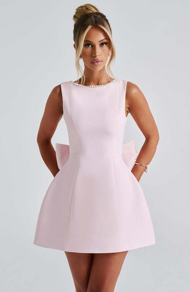Minikleid Damen Perlen Ausschnitt | Kleines Kleid Rückenschleife | Elegantes Cocktailkleid Tailliert