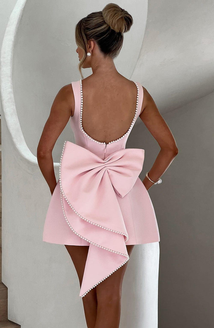 Minikleid Damen Perlen Ausschnitt | Kleines Kleid Rückenschleife | Elegantes Cocktailkleid Tailliert