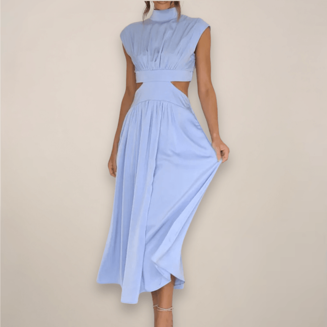 Maxikleid Damen Rollkragen | Cap Ärmel Cut Out Taille | Sommerkleid Elegant Vielseitig