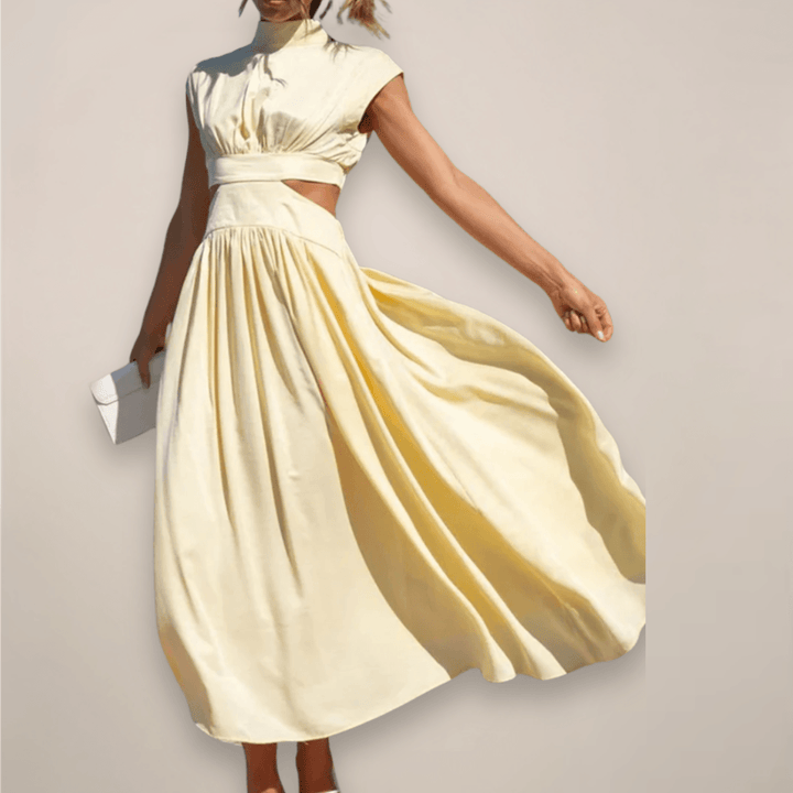 Maxikleid Damen Rollkragen | Cap Ärmel Cut Out Taille | Sommerkleid Elegant Vielseitig