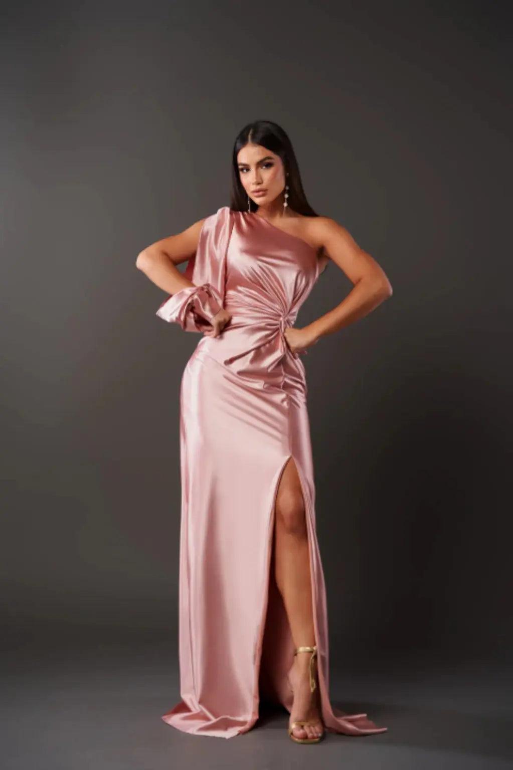 Abendkleid Damen One Shoulder Satin | Schlitz Drapiert Elegant | Maxikleid Hochzeitsgast Glamour