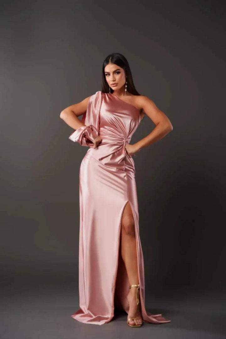 Abendkleid Damen One Shoulder Satin | Schlitz Drapiert Elegant | Maxikleid Hochzeitsgast Glamour