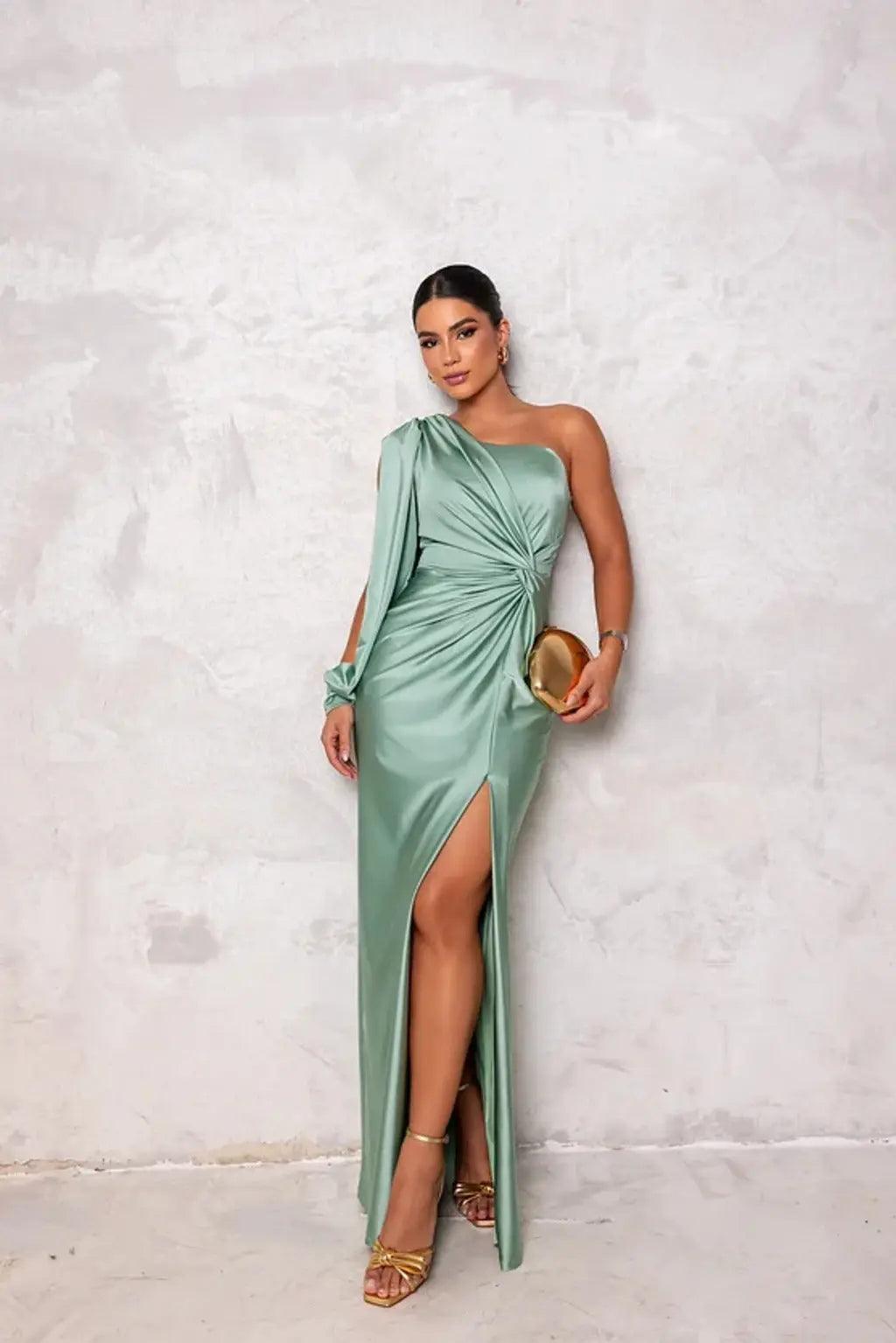Abendkleid Damen One Shoulder Satin | Schlitz Drapiert Elegant | Maxikleid Hochzeitsgast Glamour