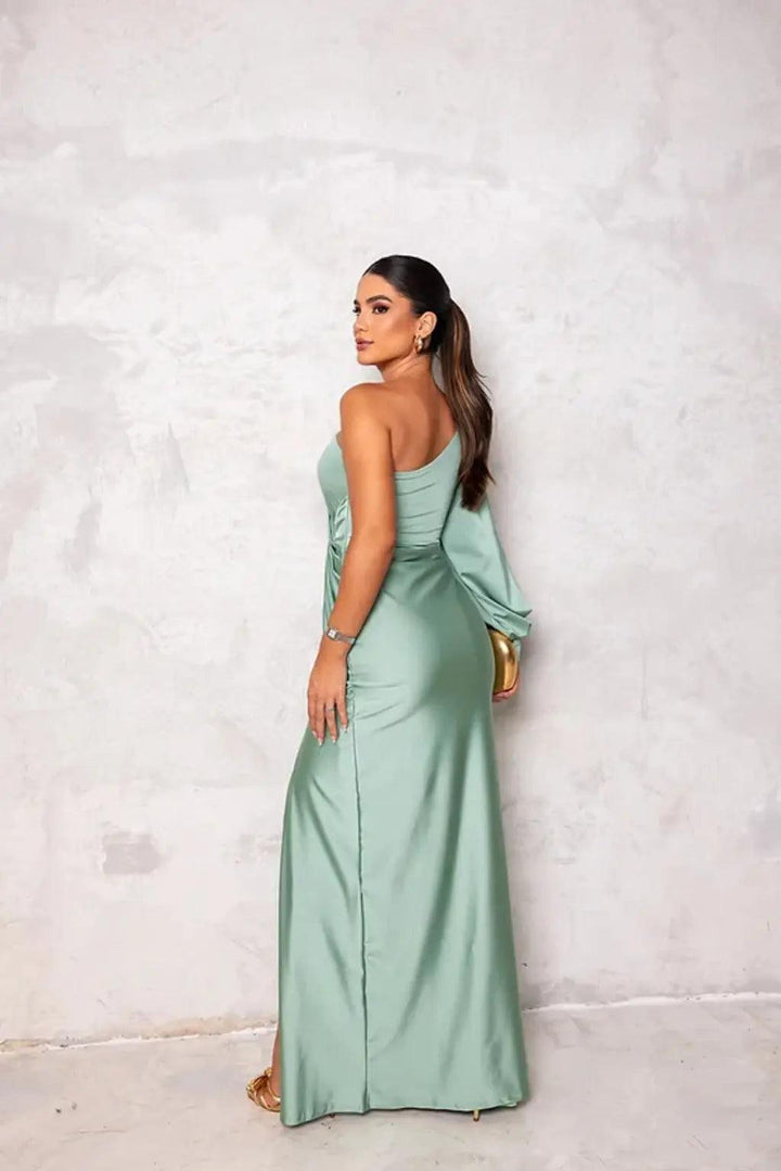 Abendkleid Damen One Shoulder Satin | Schlitz Drapiert Elegant | Maxikleid Hochzeitsgast Glamour