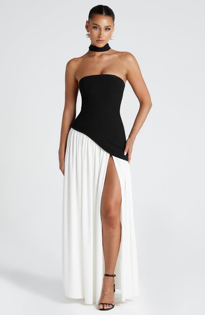 Trägerloses Kleid Damen Maxi | Asymmetrisches Kleid Damen Frontschlitz | Abendkleid Damen Lang Schnürung