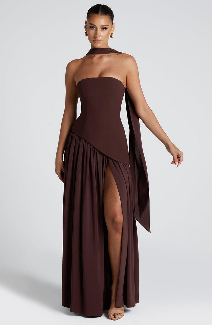 Trägerloses Kleid Damen Maxi | Asymmetrisches Kleid Damen Frontschlitz | Abendkleid Damen Lang Schnürung