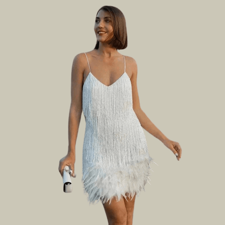 Minikleid Abend Federbesatz | Partykleid Tailliert Festlich | Kurzes Abendkleid Damen